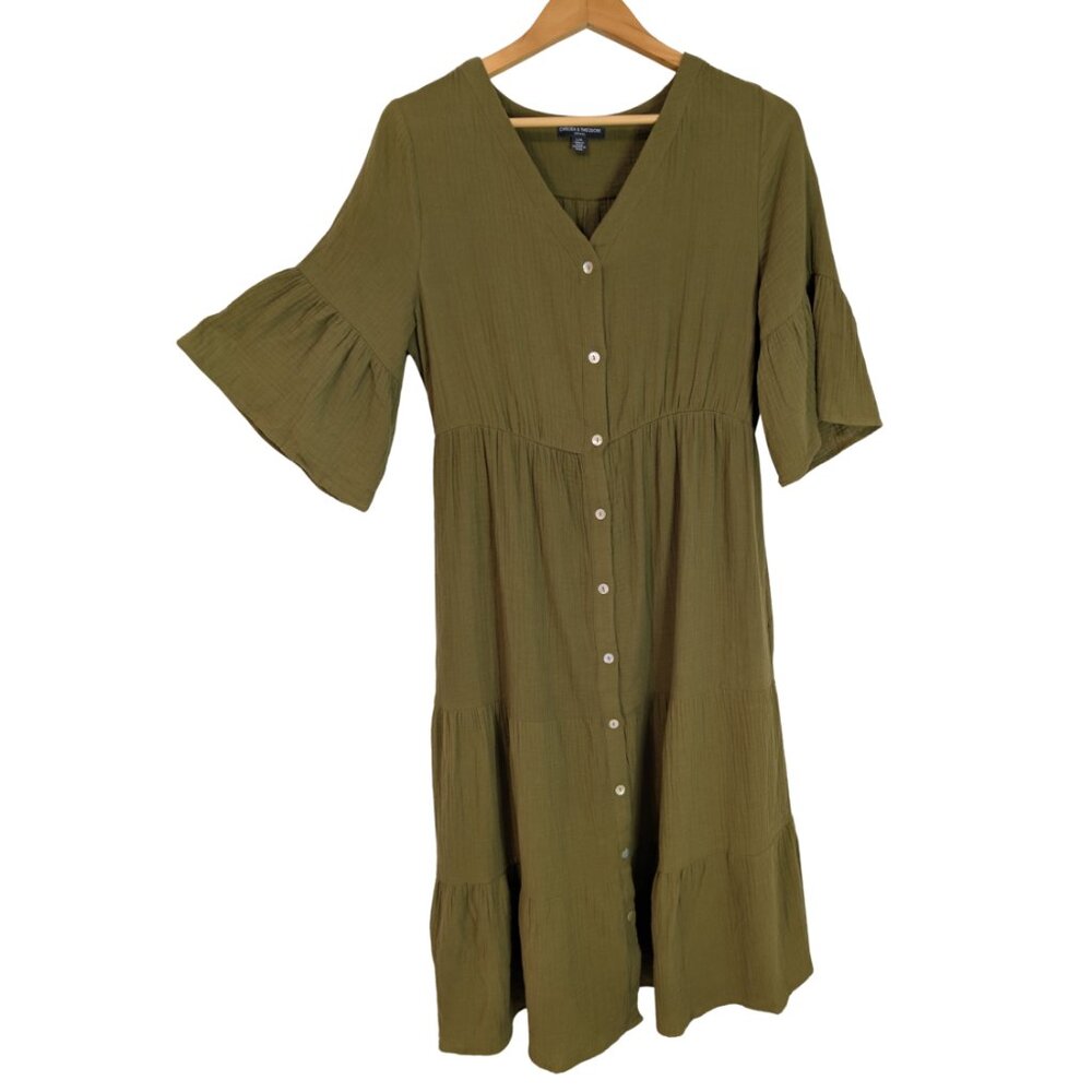 Chelsea & Theodore Olive Cotton Gauze Tiered Midi Dress L/XL Boho Pockets
